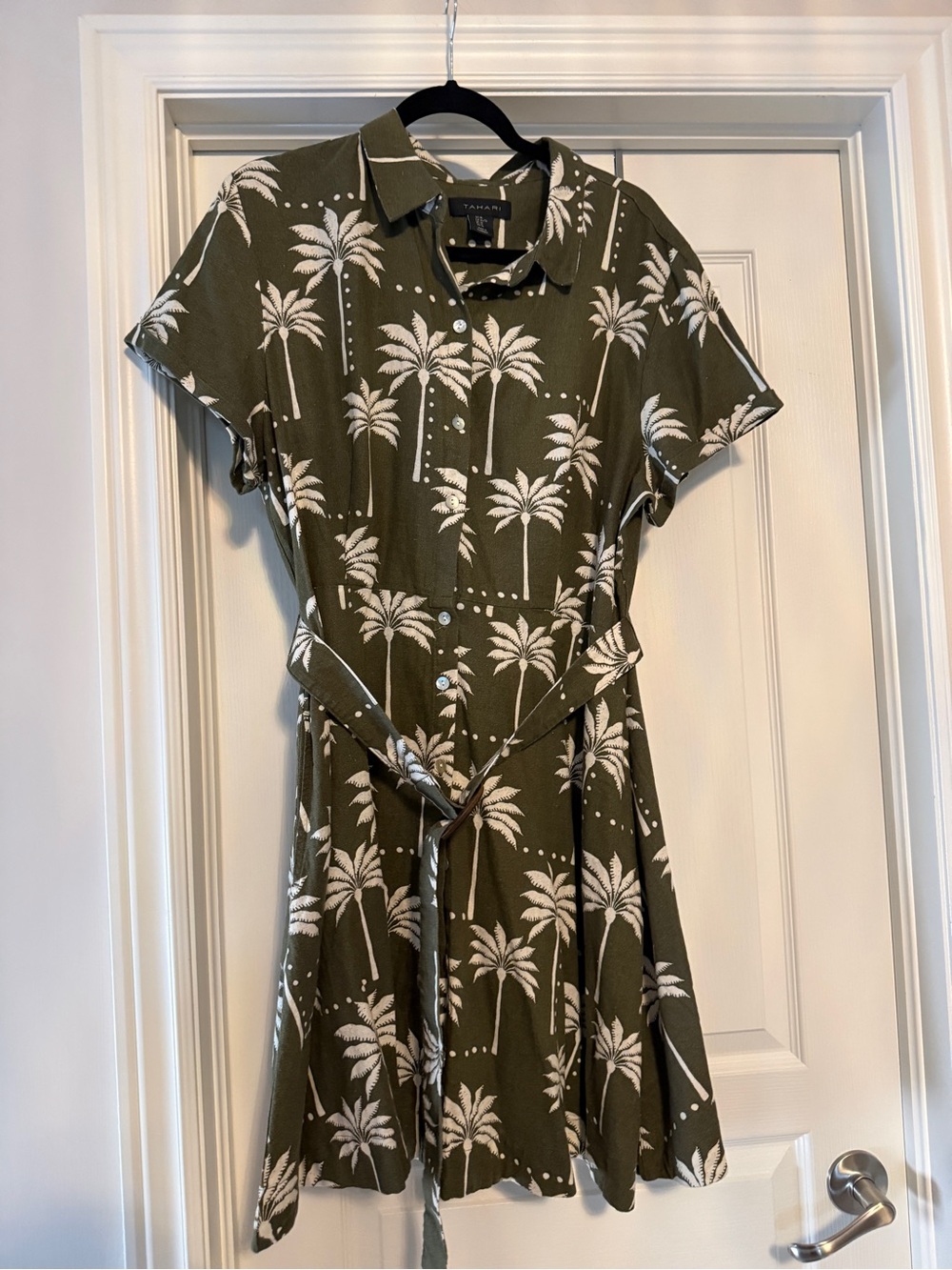 Tahari Olive Green and White Palm-Print Mini Shirt Dress